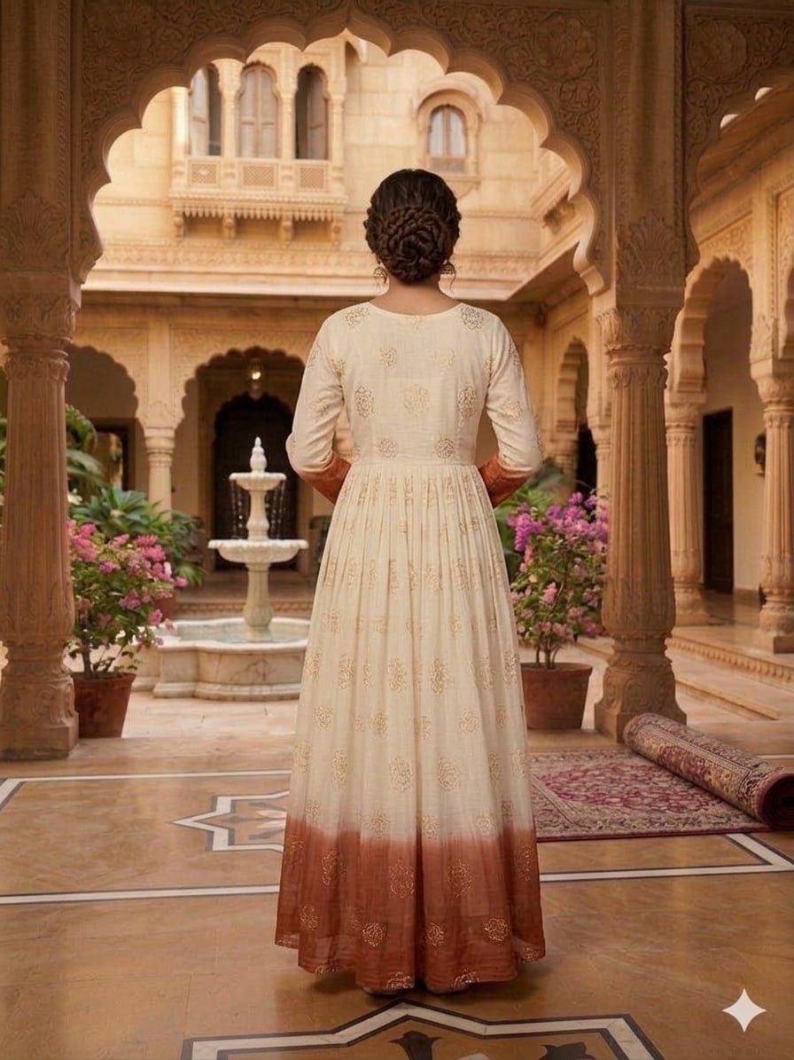 Women's Ombre Dyed Anarkali Gown with Gold Foil Print | Long Flared Ethnic Dress