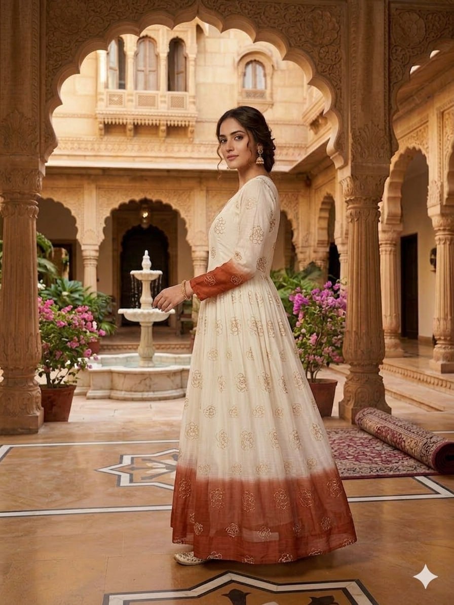 Women's Ombre Dyed Anarkali Gown with Gold Foil Print | Long Flared Ethnic Dress