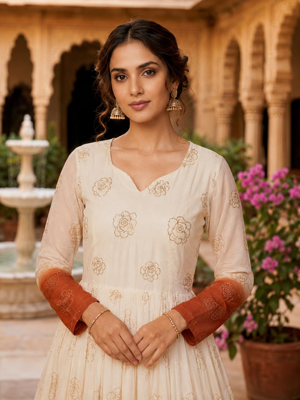 Women's Ombre Dyed Anarkali Gown with Gold Foil Print | Long Flared Ethnic Dress