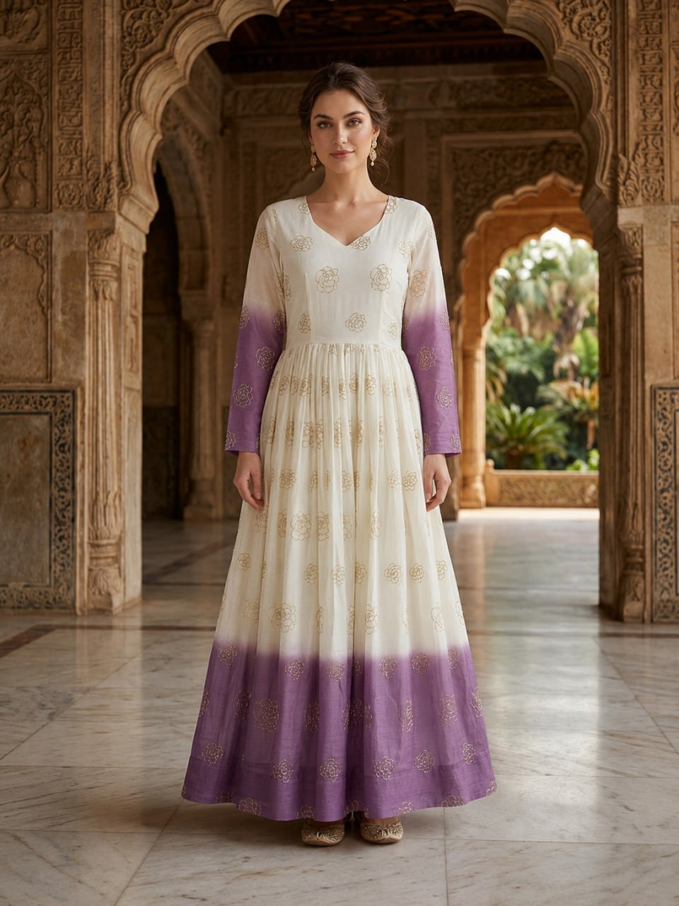 Women's Ombre Dyed Anarkali Gown with Gold Foil Print | Long Flared Ethnic Dress