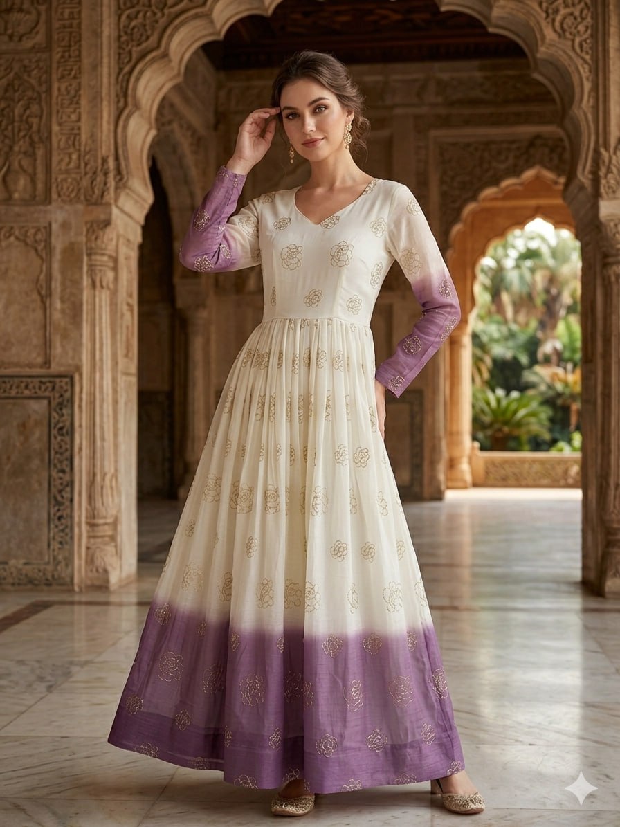 Women's Ombre Dyed Anarkali Gown with Gold Foil Print | Long Flared Ethnic Dress