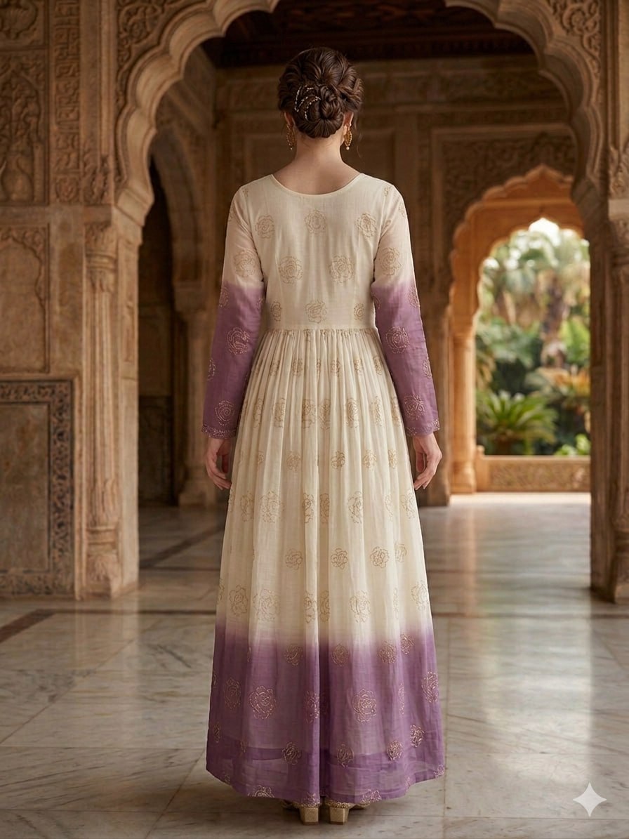 Women's Ombre Dyed Anarkali Gown with Gold Foil Print | Long Flared Ethnic Dress