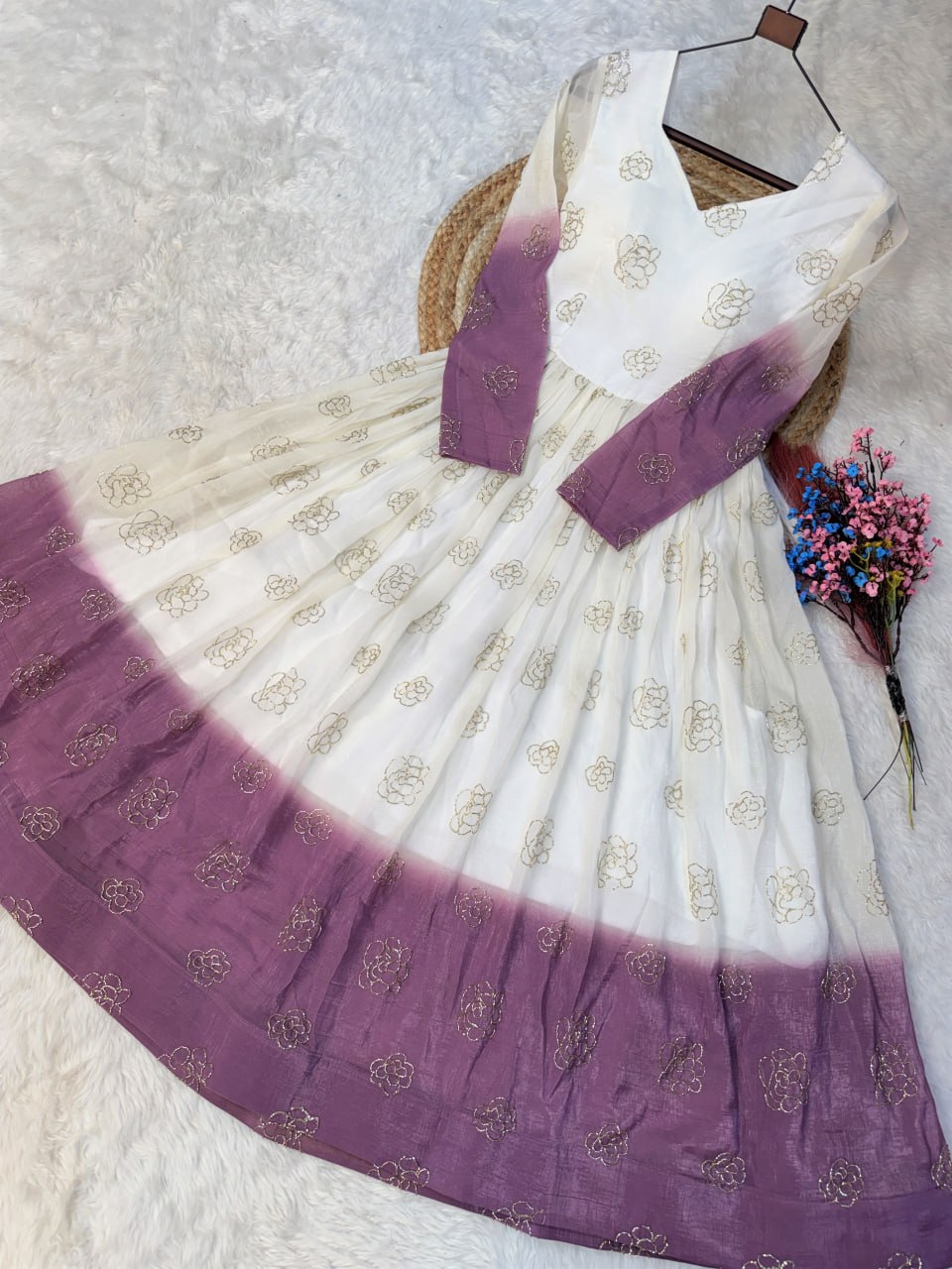 Women's Ombre Dyed Anarkali Gown with Gold Foil Print | Long Flared Ethnic Dress