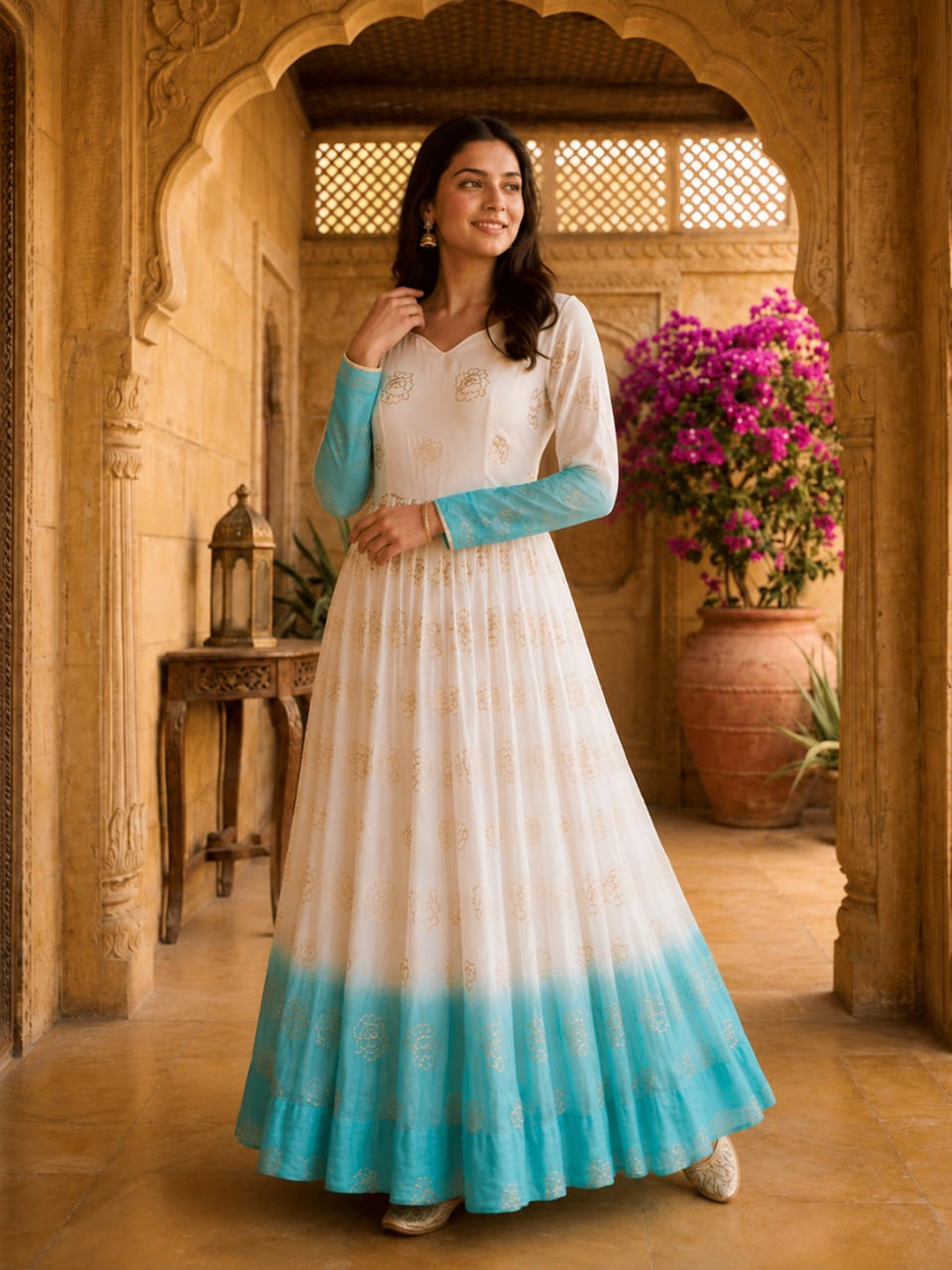 Women's Ombre Dyed Anarkali Gown with Gold Foil Print | Long Flared Ethnic Dress