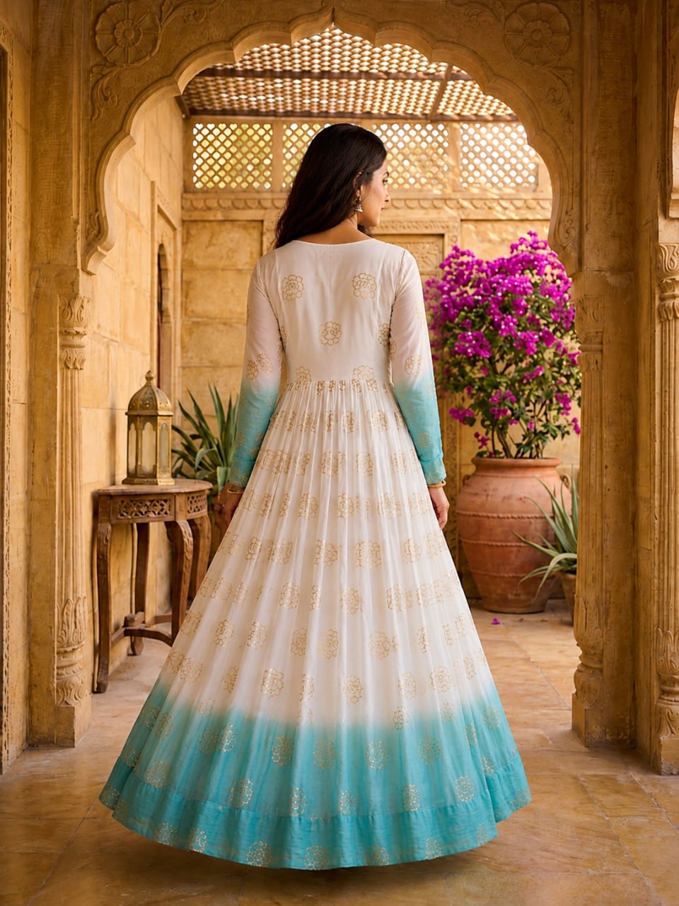 Women's Ombre Dyed Anarkali Gown with Gold Foil Print | Long Flared Ethnic Dress