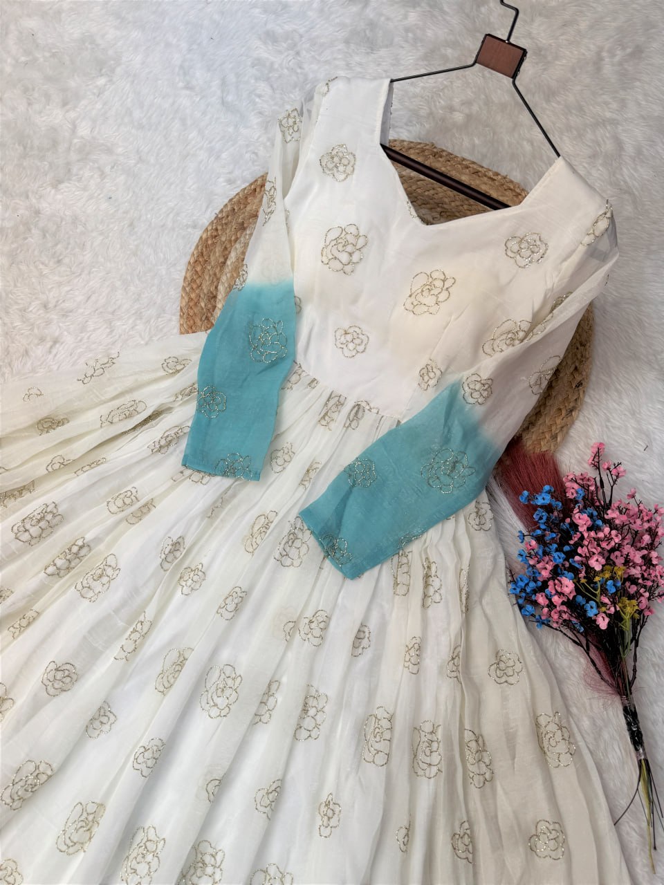 Women's Ombre Dyed Anarkali Gown with Gold Foil Print | Long Flared Ethnic Dress