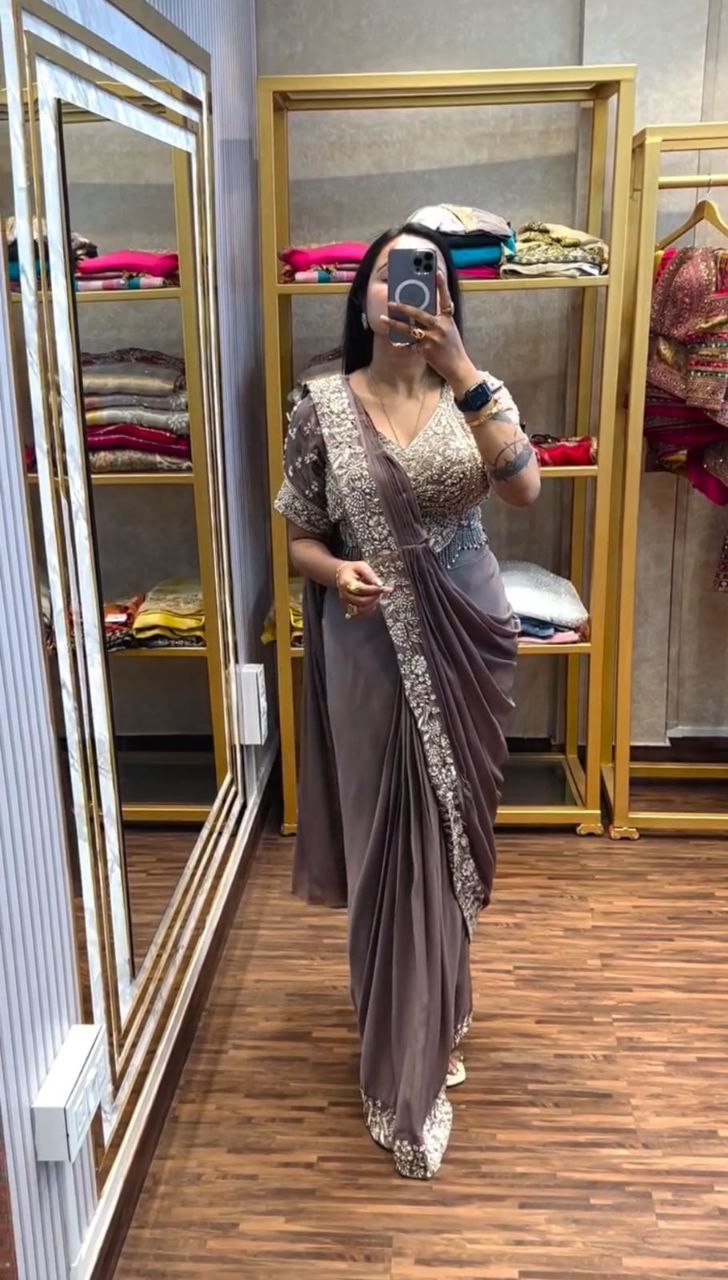 New Super Trending Embroidery Sequence work ready to wear saree with Embroidery Blouse