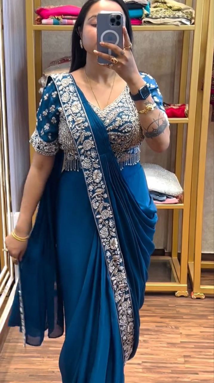 New Super Trending Embroidery Sequence work ready to wear saree with Embroidery Blouse