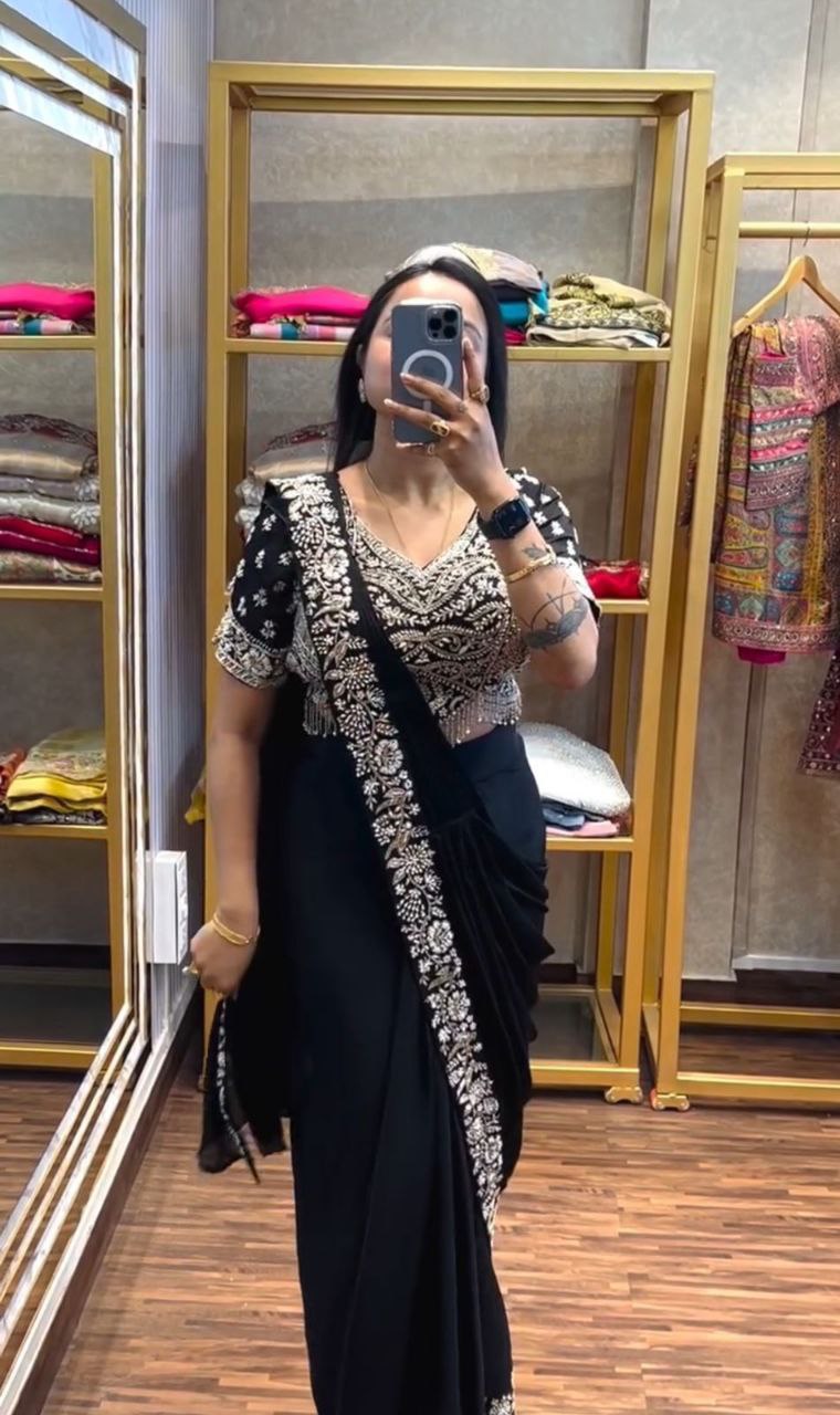 New Super Trending Embroidery Sequence work ready to wear saree with Embroidery Blouse