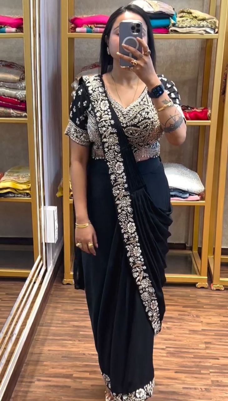New Super Trending Embroidery Sequence work ready to wear saree with Embroidery Blouse