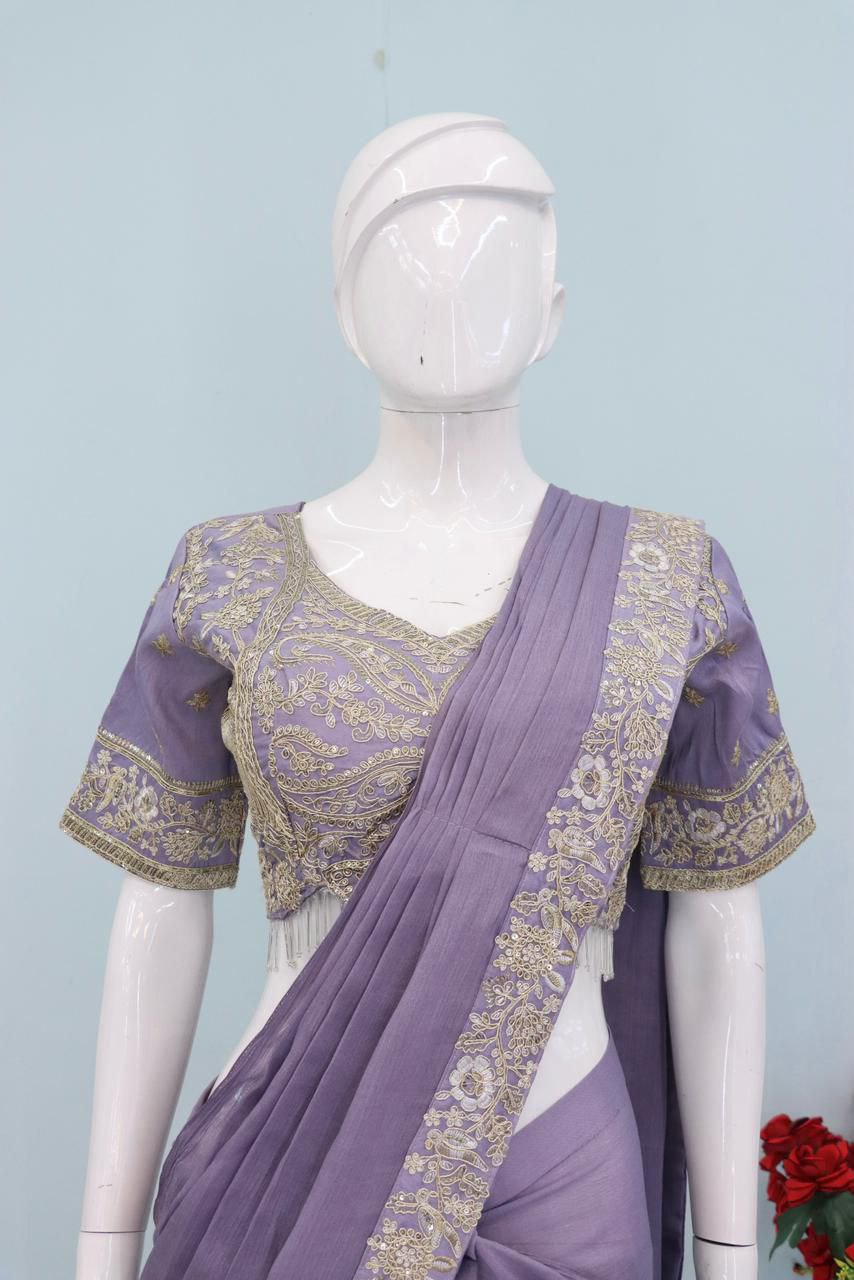 New Super Trending Embroidery Sequence work ready to wear saree with Embroidery Blouse