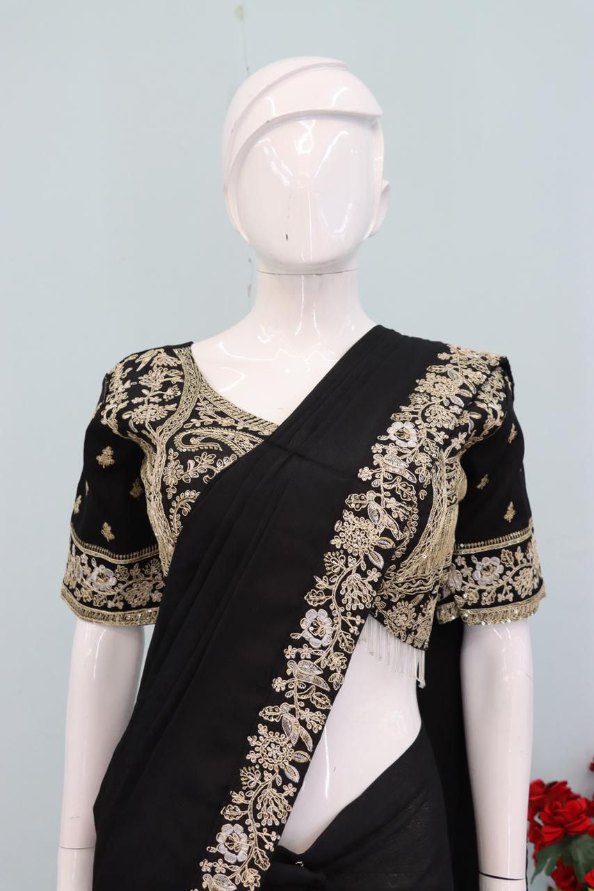 New Super Trending Embroidery Sequence work ready to wear saree with Embroidery Blouse