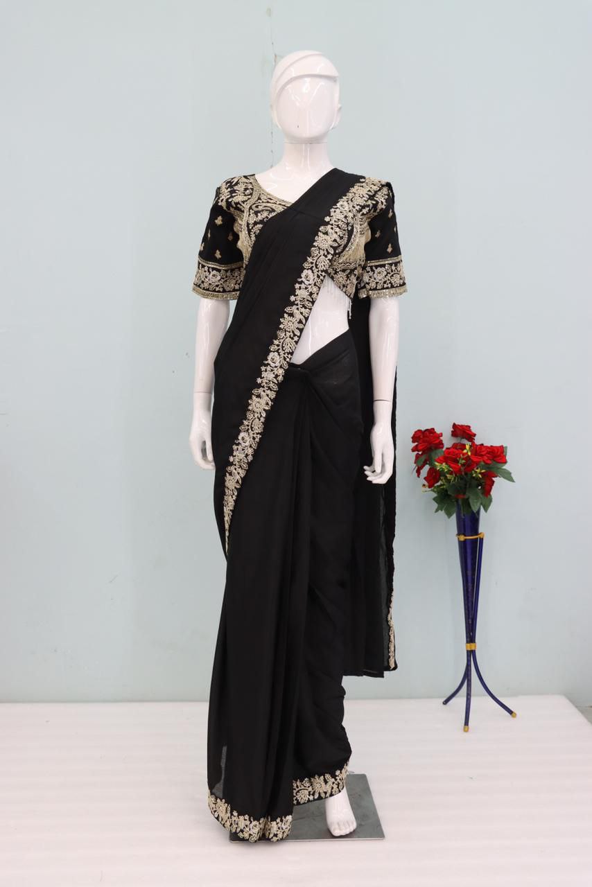 New Super Trending Embroidery Sequence work ready to wear saree with Embroidery Blouse