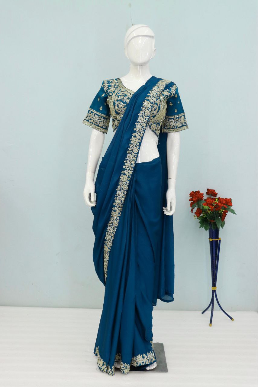 New Super Trending Embroidery Sequence work ready to wear saree with Embroidery Blouse