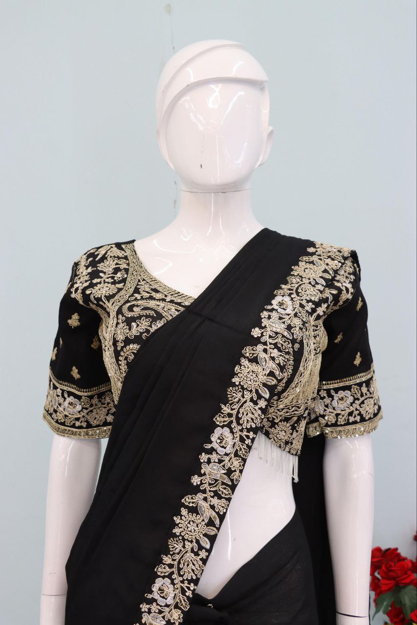 New Super Trending Embroidery Sequence work ready to wear saree with Embroidery Blouse