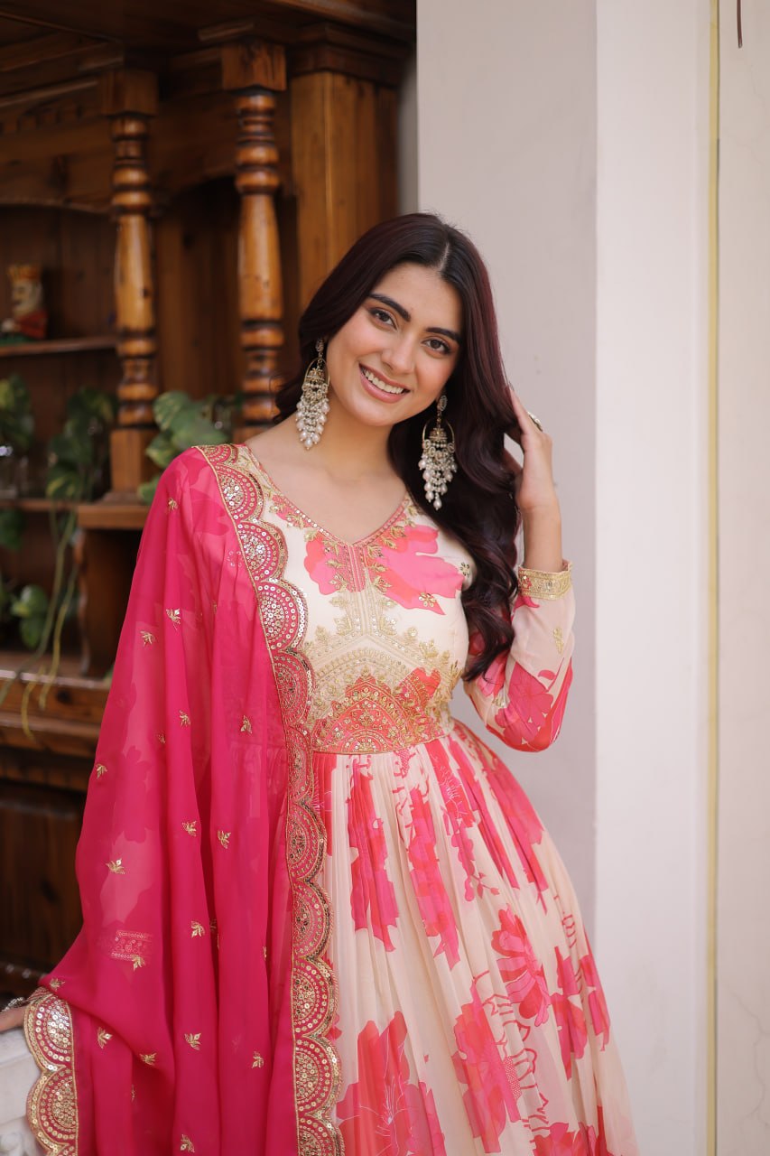 Designer Floral Anarkali Gown with Embroidered Border & Dupatta for Women