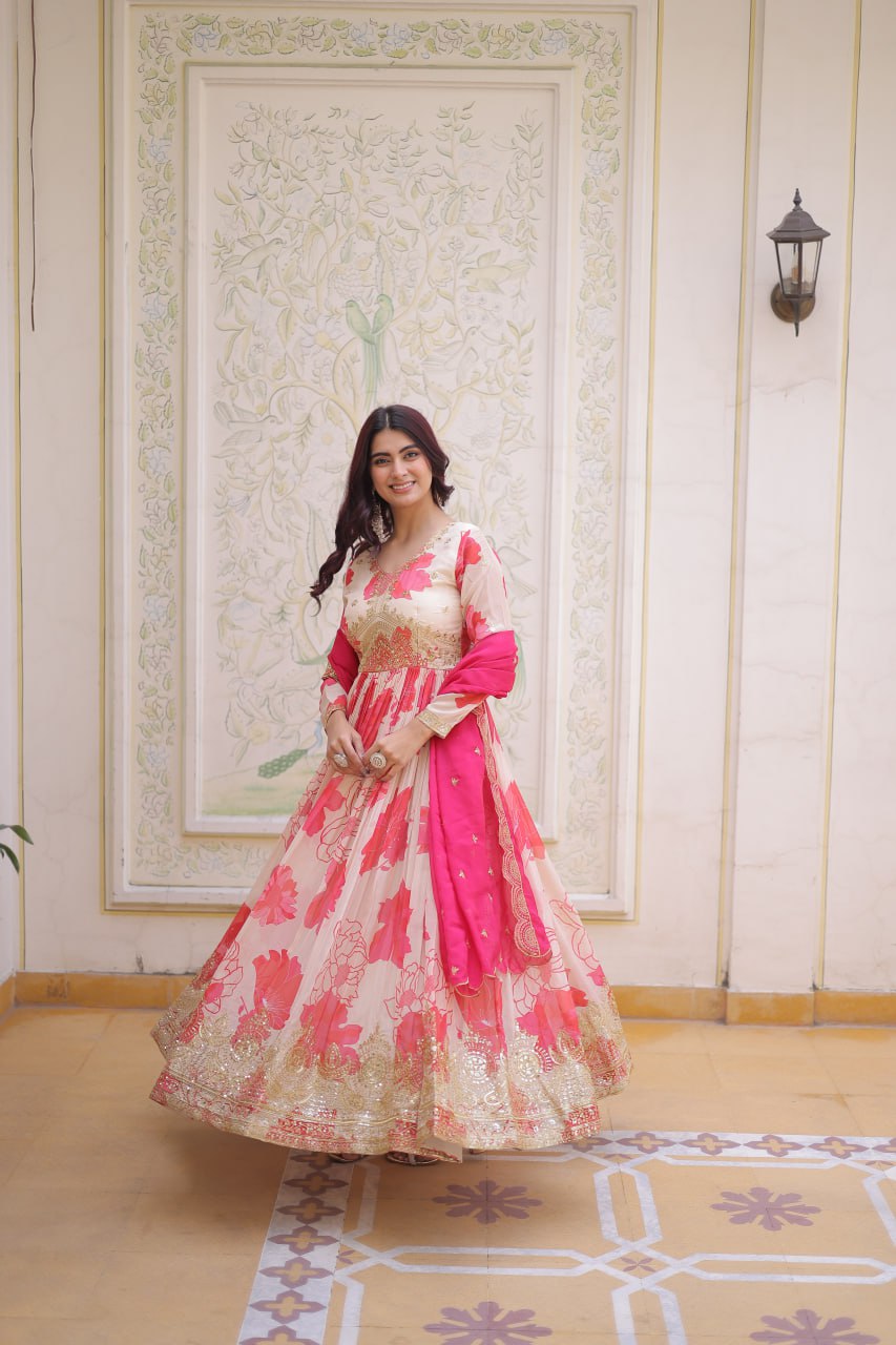 Designer Floral Anarkali Gown with Embroidered Border & Dupatta for Women