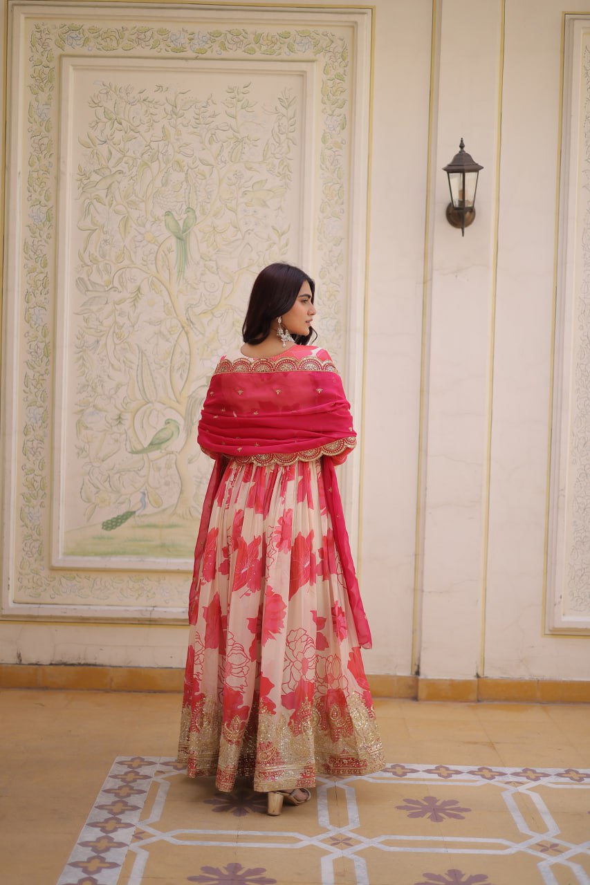 Designer Floral Anarkali Gown with Embroidered Border & Dupatta for Women