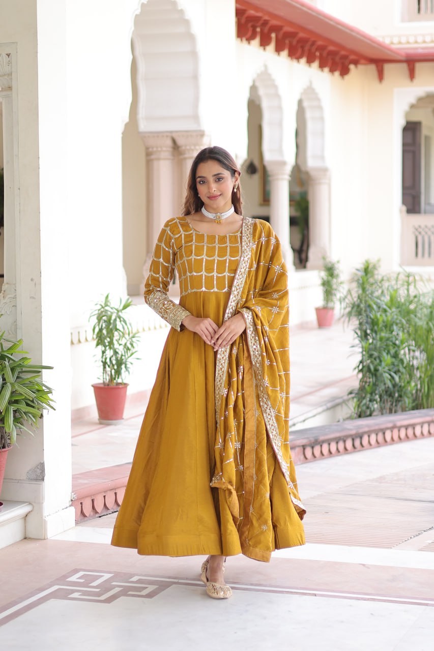 Mustard Vichitra Sequins & Zari Embroidered Gown with 4.2-Meter Flair & Matching Embroidered Dupatta