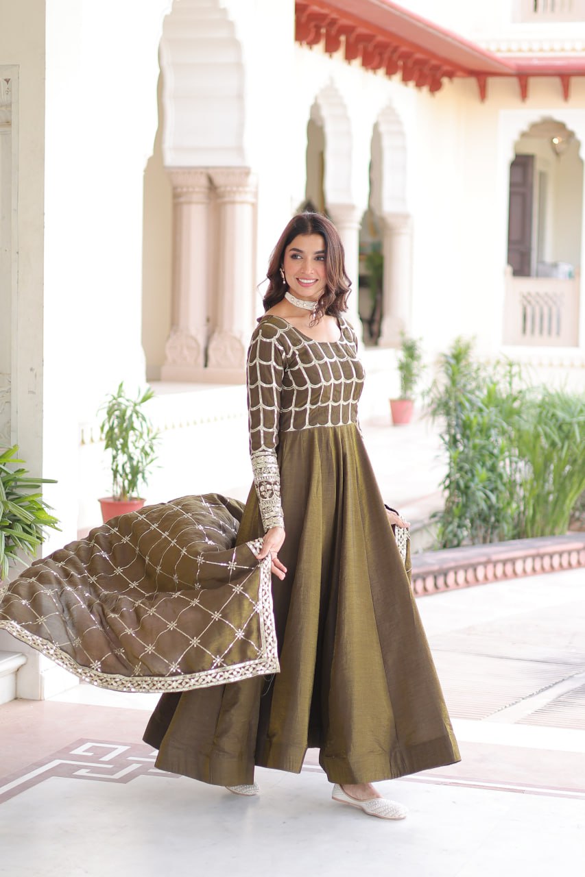 Mustard Vichitra Sequins & Zari Embroidered Gown with 4.2-Meter Flair & Matching Embroidered Dupatta