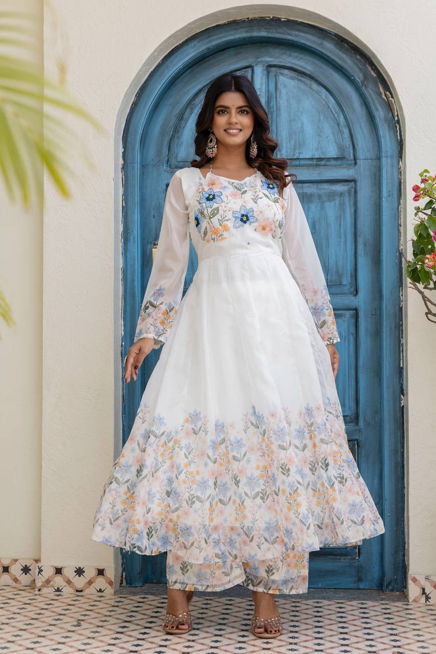 Elegant Floral Printed Anarkali Kurta Set with Dupatta | Designer Ethnic Wear for Women