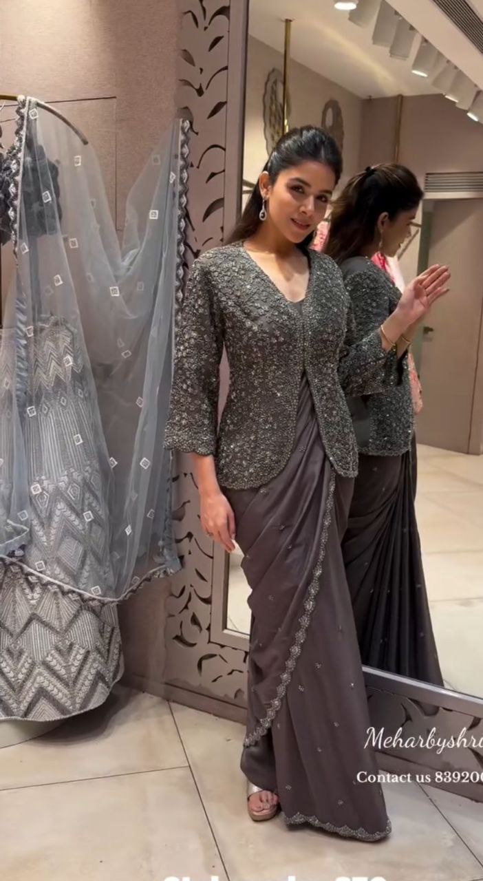 New Super Trending Party jacket with saree  Embroidery work saree
