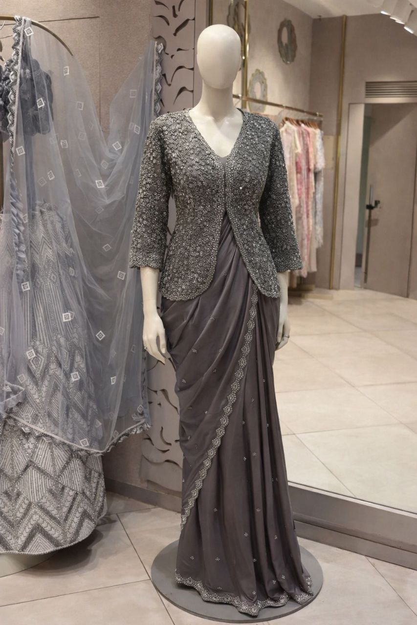 New Super Trending Party jacket with saree  Embroidery work saree