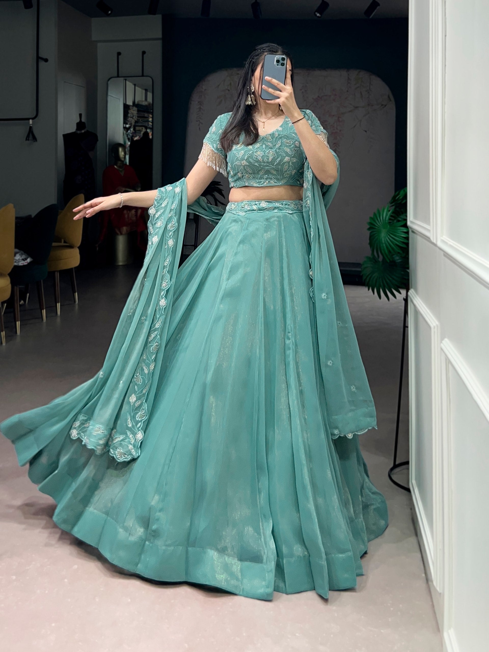 Elegant Sea Green Lehenga Choli with Embroidered Dupatta