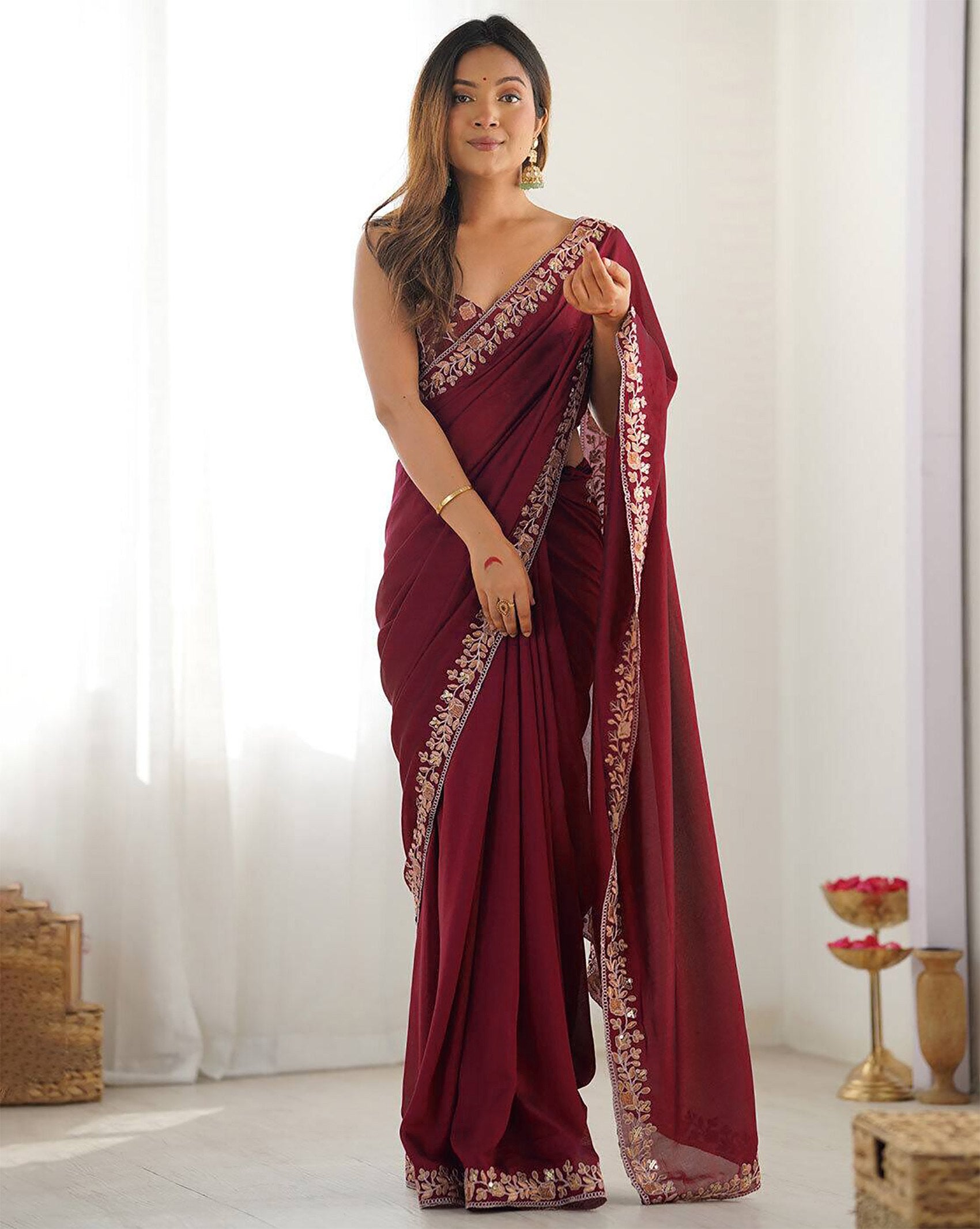 Classic Maroon Saree with Embroidery Border – Timeless Look