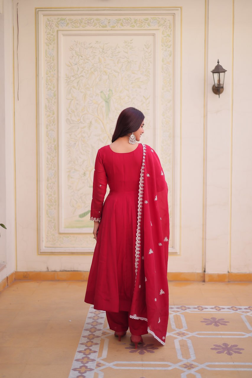 Red Embroidered Anarkali Kurti Set for Women | Designer Ethnic Festive & Party Wear Suit