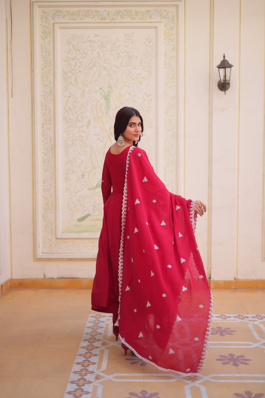 Red Embroidered Anarkali Kurti Set for Women | Designer Ethnic Festive & Party Wear Suit