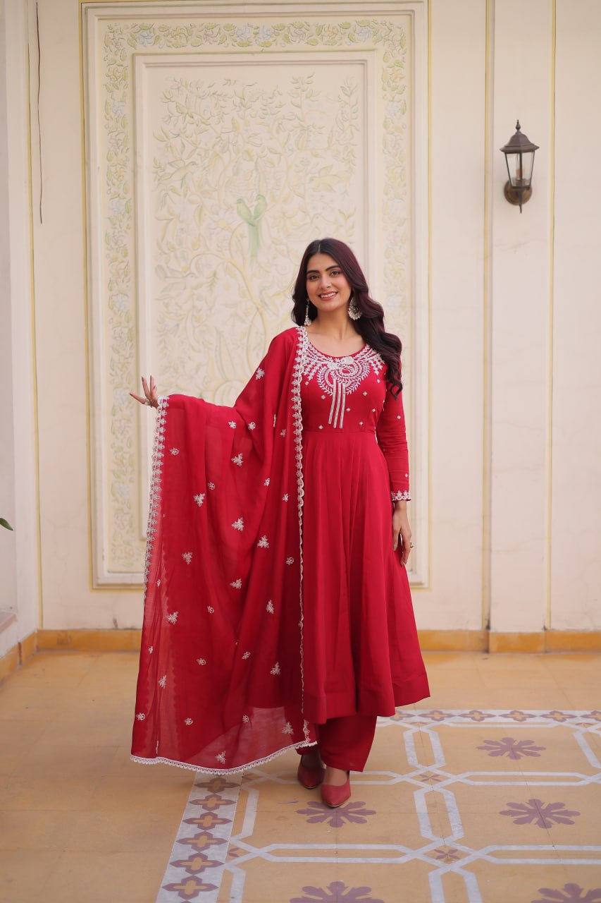 Red Embroidered Anarkali Kurti Set for Women | Designer Ethnic Festive & Party Wear Suit
