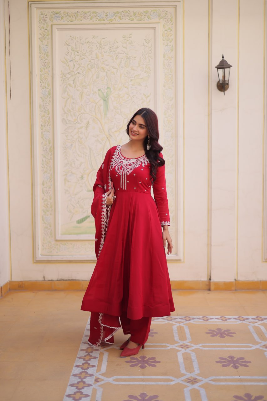 Red Embroidered Anarkali Kurti Set for Women | Designer Ethnic Festive & Party Wear Suit