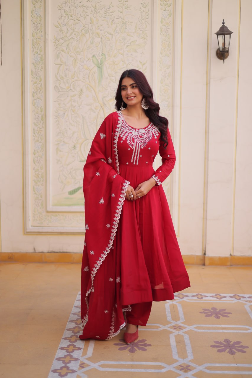 Red Embroidered Anarkali Kurti Set for Women | Designer Ethnic Festive & Party Wear Suit