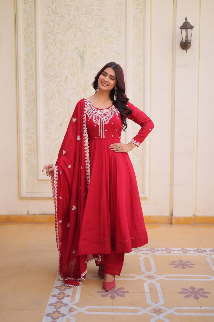 Red Embroidered Anarkali Kurti Set for Women | Designer Ethnic Festive & Party Wear Suit