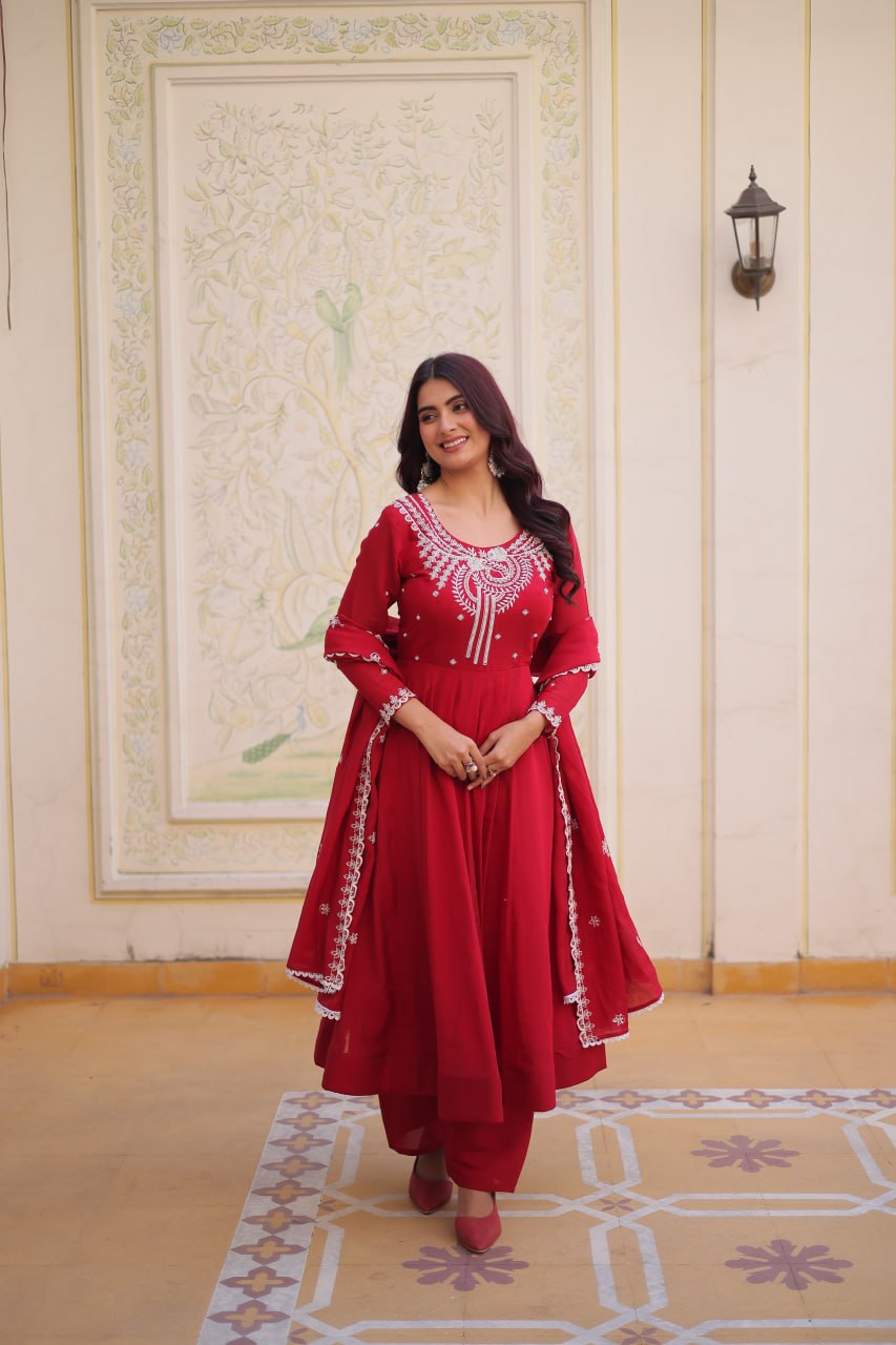 Red Embroidered Anarkali Kurti Set for Women | Designer Ethnic Festive & Party Wear Suit
