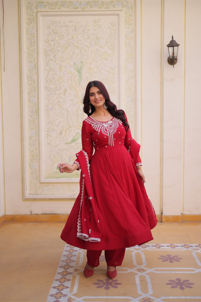 Red Embroidered Anarkali Kurti Set for Women | Designer Ethnic Festive & Party Wear Suit