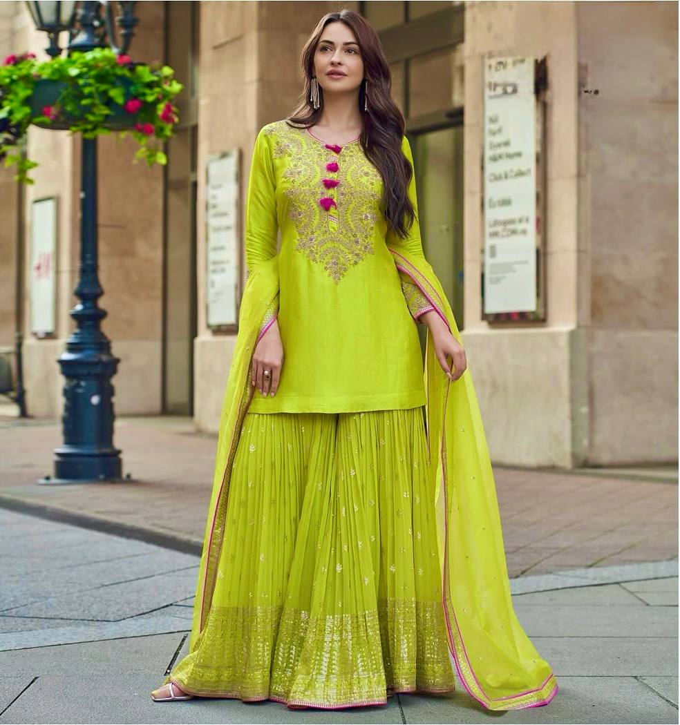DESIGNER HEAVY FUAX GEORGETTE SHARARA SUIT SET