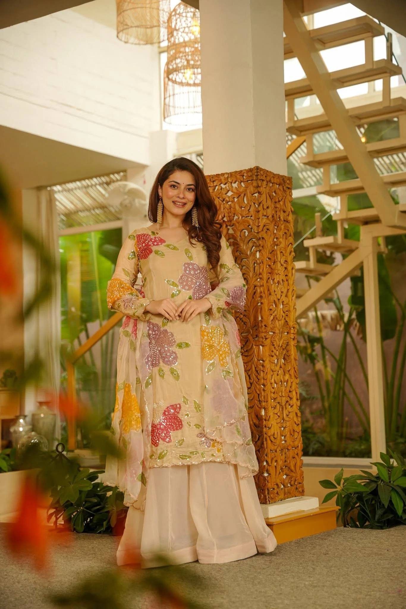 Beige Floral Embroidered Kurti Sharara Set with Dupatta for Women | Designer Festive & Party Wear Ethnic Outfit