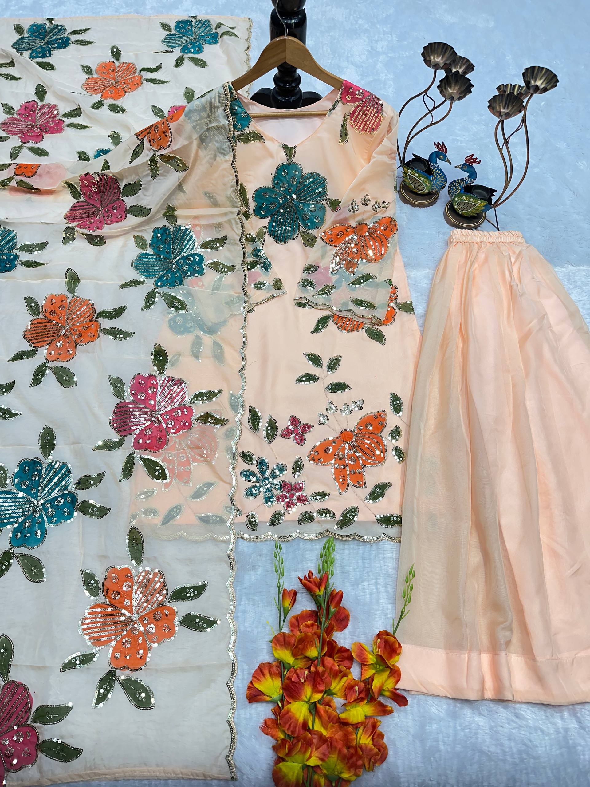 Beige Floral Embroidered Kurti Sharara Set with Dupatta for Women | Designer Festive & Party Wear Ethnic Outfit