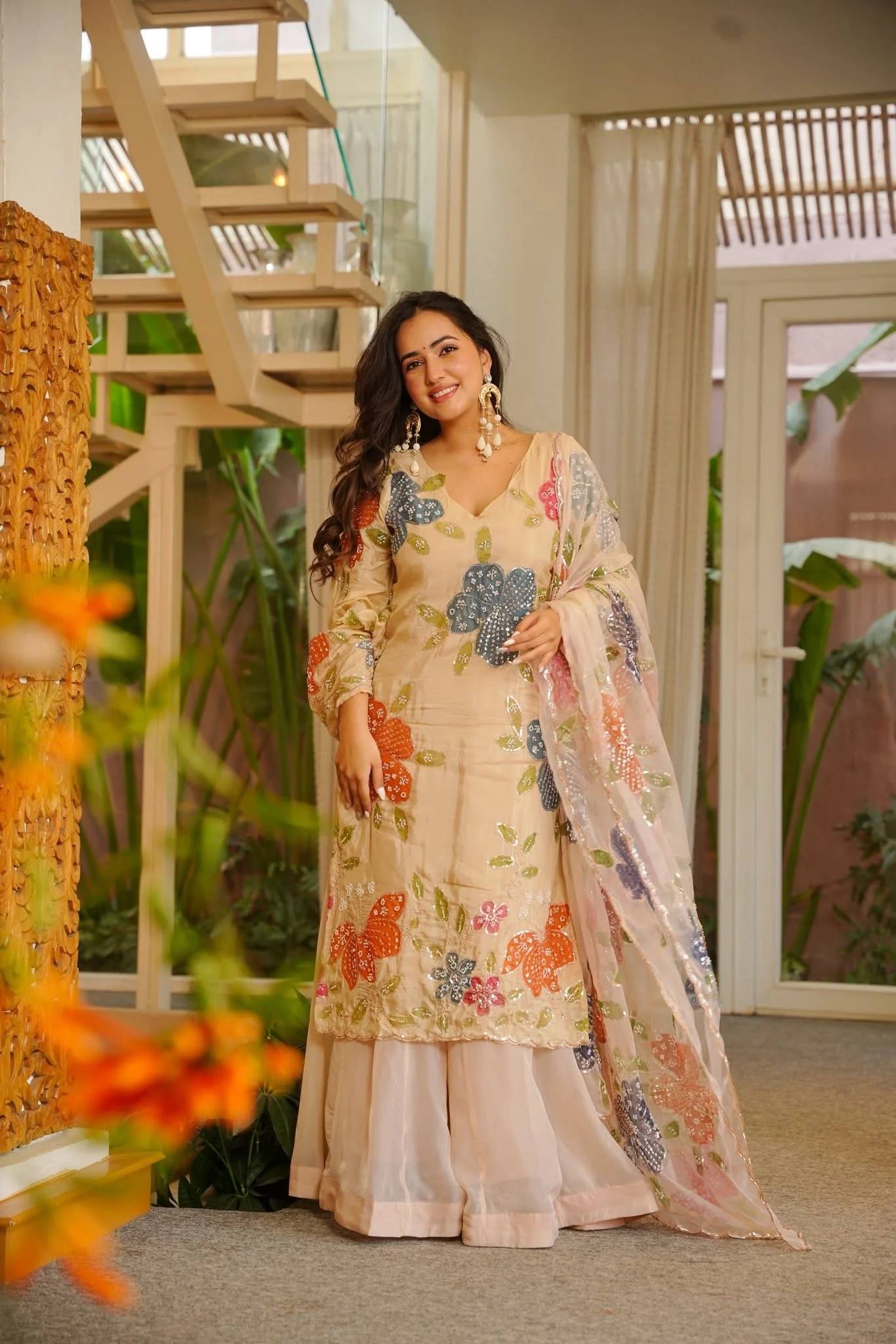 Beige Floral Embroidered Kurti Sharara Set with Dupatta for Women | Designer Festive & Party Wear Ethnic Outfit