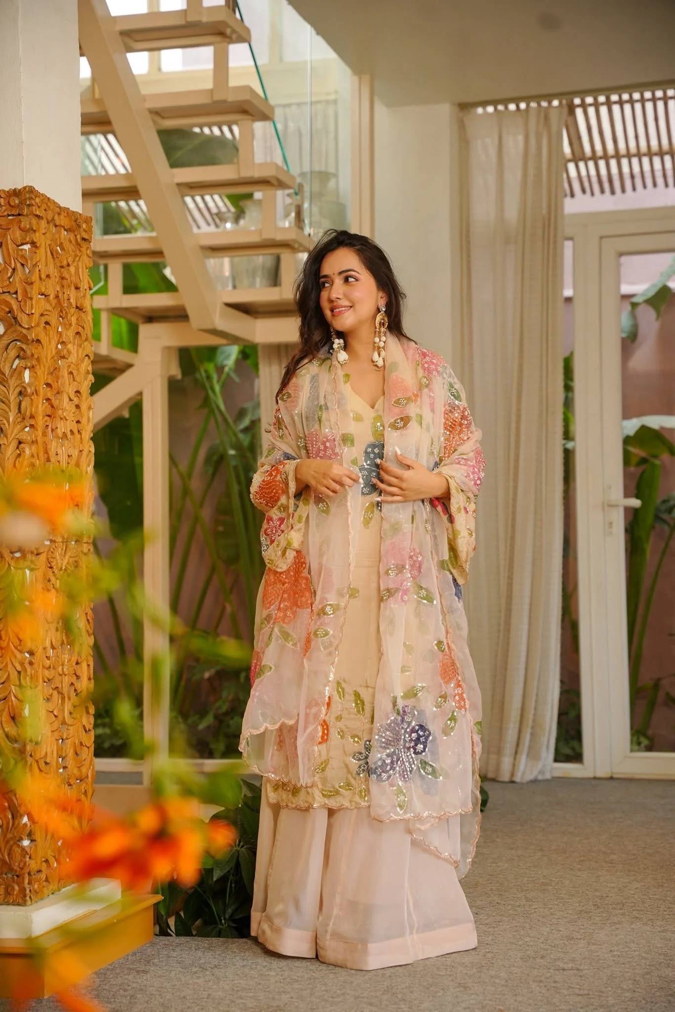 Beige Floral Embroidered Kurti Sharara Set with Dupatta for Women | Designer Festive & Party Wear Ethnic Outfit