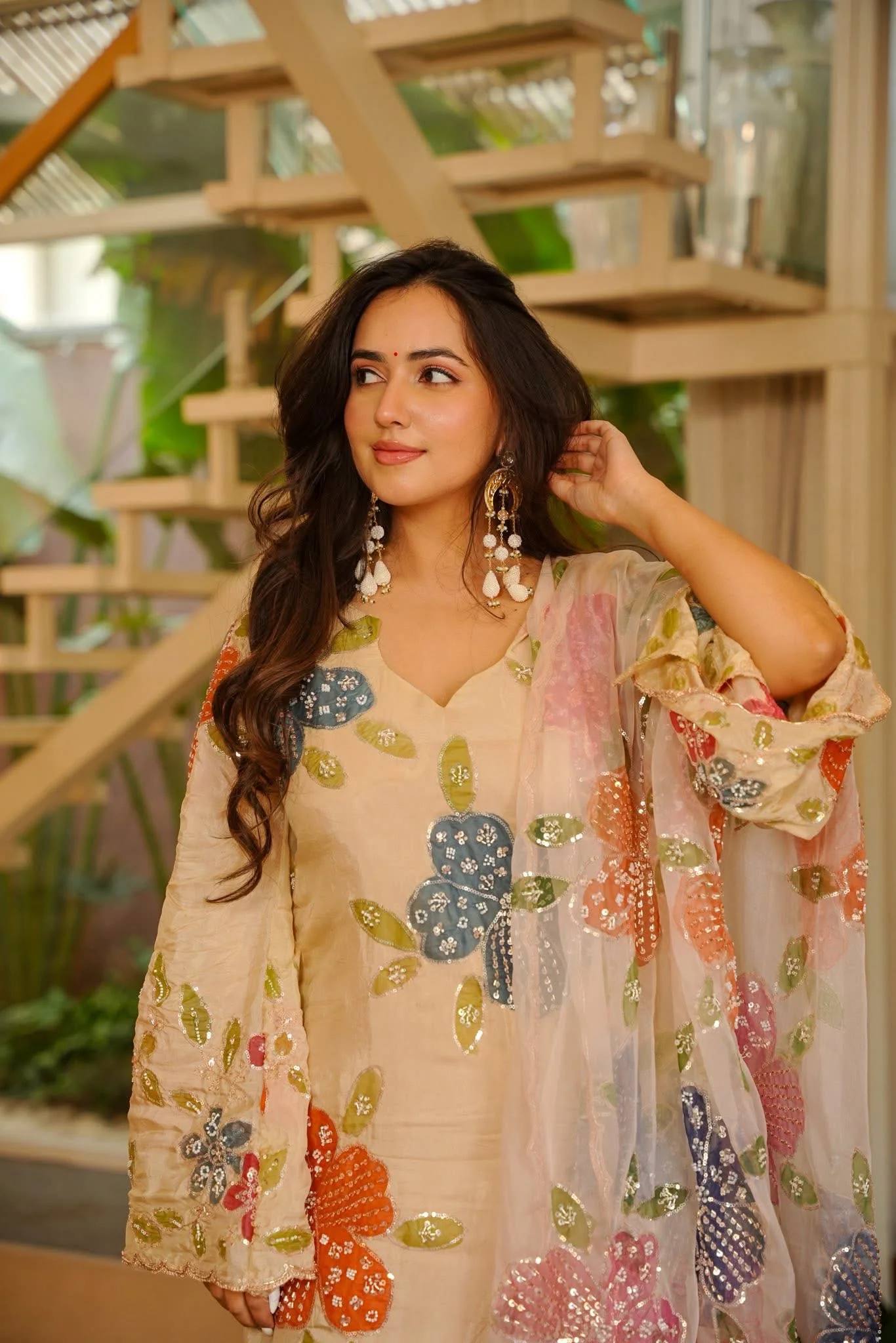 Beige Floral Embroidered Kurti Sharara Set with Dupatta for Women | Designer Festive & Party Wear Ethnic Outfit