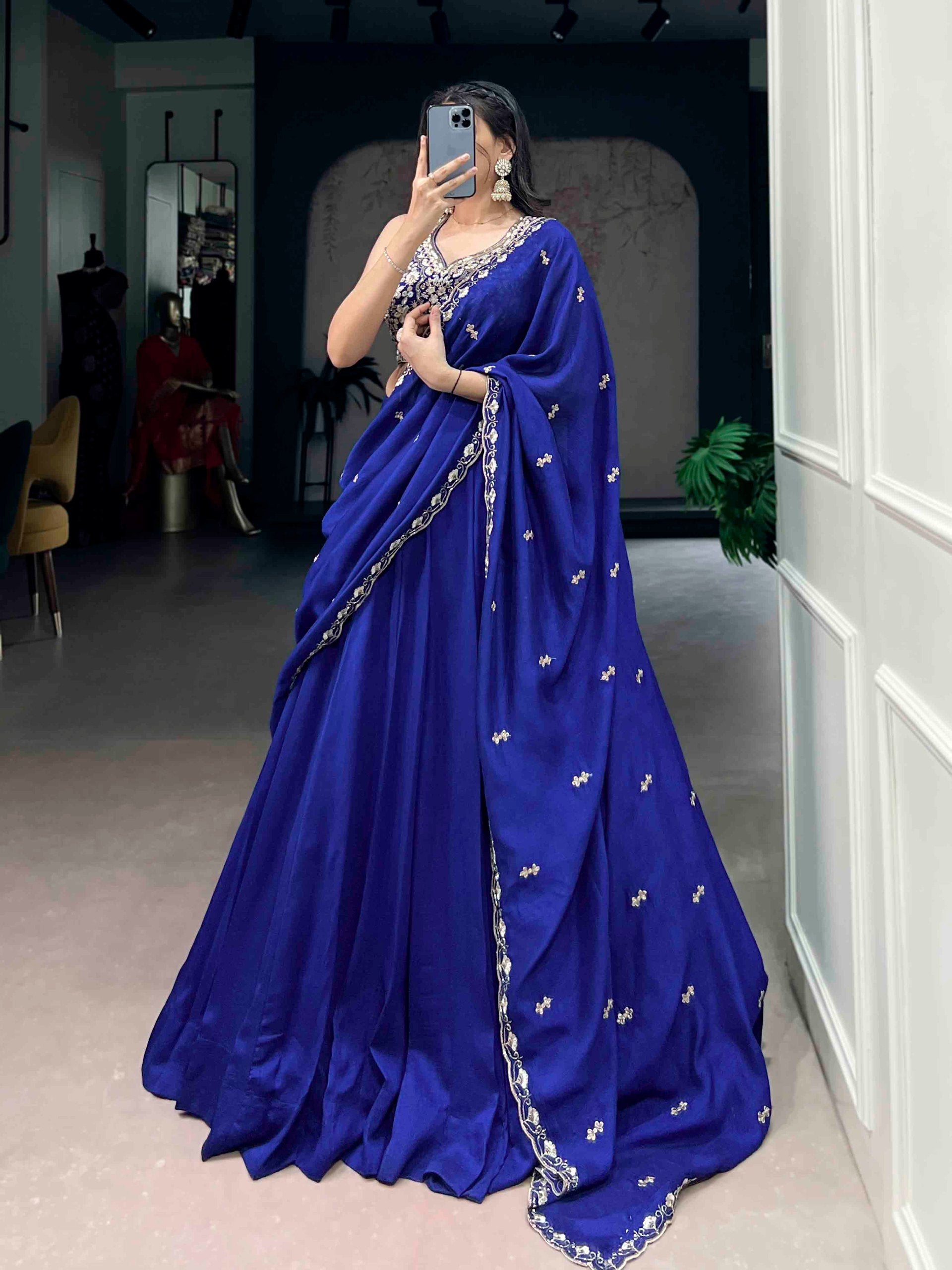 Royal Blue Lehenga Saree with Designer Embroidered Blouse