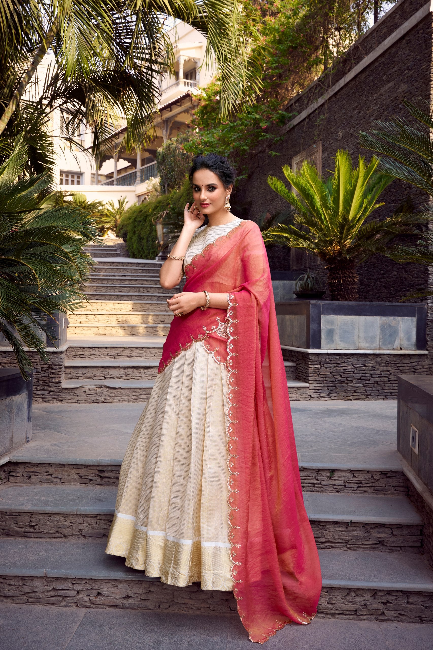 Elegant Cream Golden Lehenga Choli with Red Dupatta – Wedding Wear