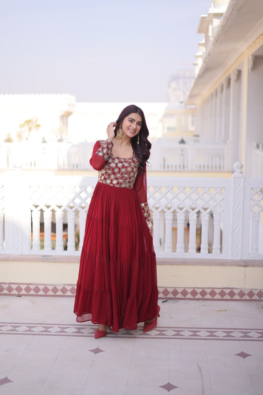 Women’s Designer Anarkali Gown | Embroidered Party Wear Ethnic Dress with Long Sleeves | Festive & Wedding Wear