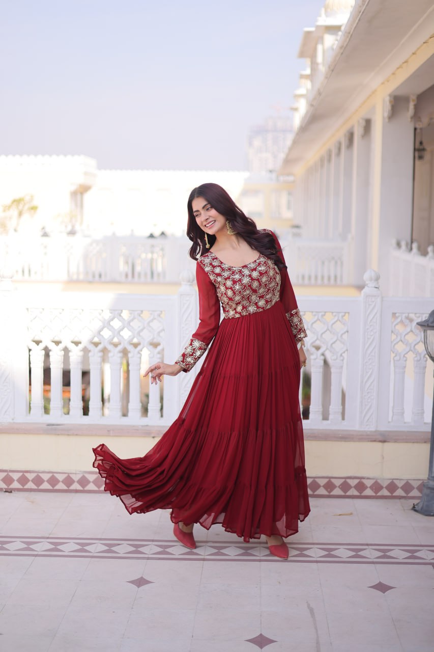 Women’s Designer Anarkali Gown | Embroidered Party Wear Ethnic Dress with Long Sleeves | Festive & Wedding Wear