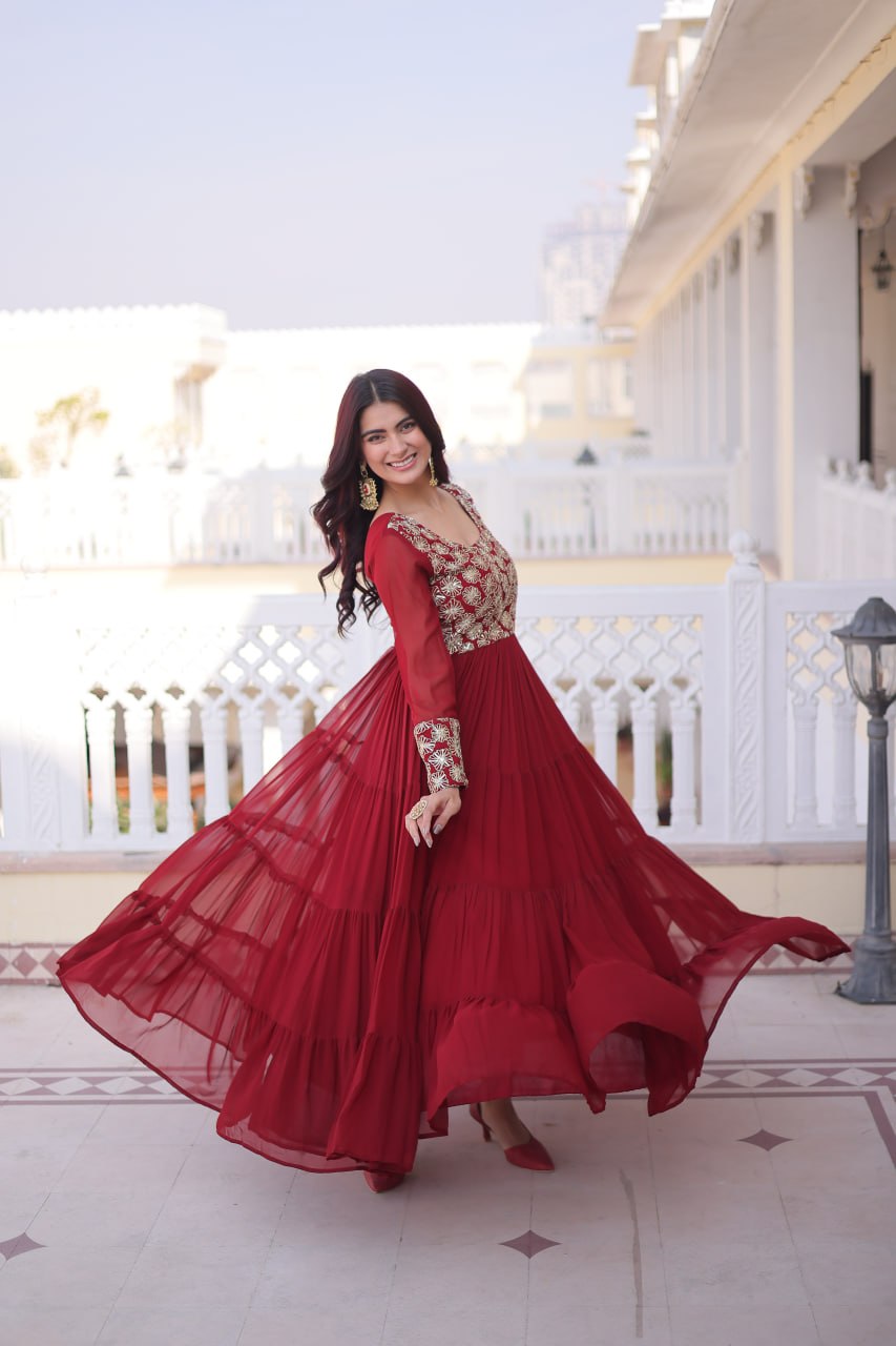 Women’s Designer Anarkali Gown | Embroidered Party Wear Ethnic Dress with Long Sleeves | Festive & Wedding Wear