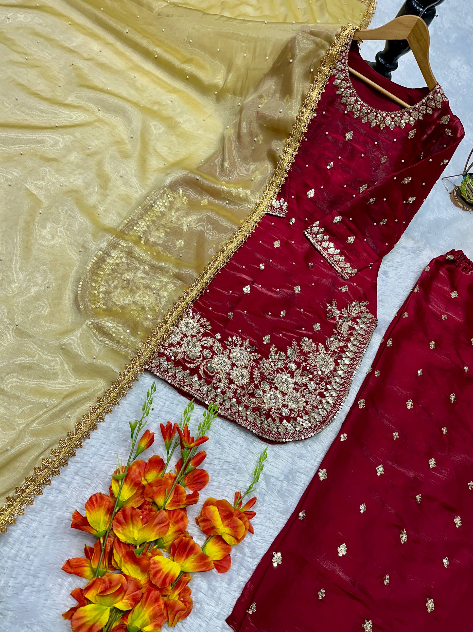 ĐĚSIGNER PARTY WEAR TOP AND PLAZZO. WITH FANCY DUPPATA AND EMBROIDERY WORK