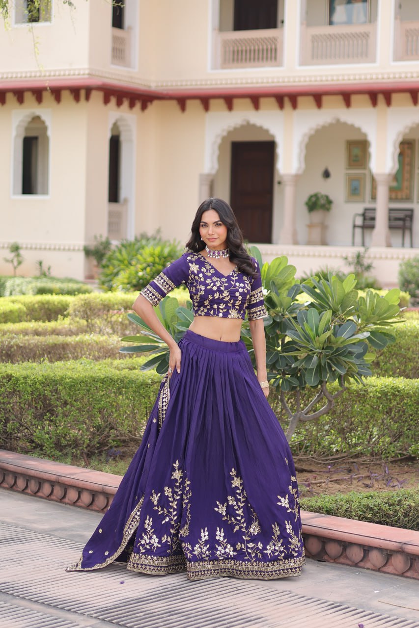 Navy Blue Vichitra Embroidery Work Lehenga Choli